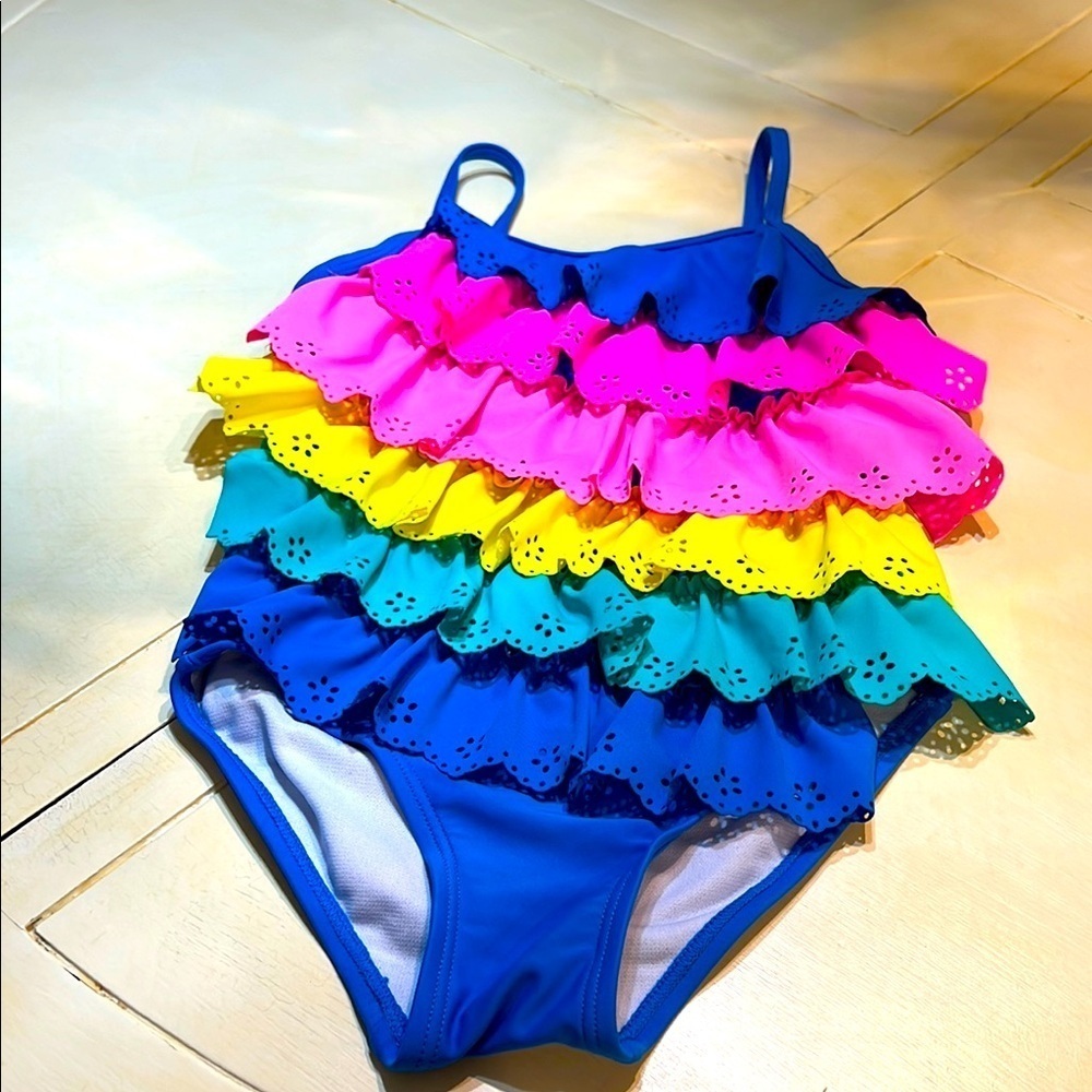 Colorful Ruffled Kids Swimsuit by Flapdoodle size 5 perfect condition